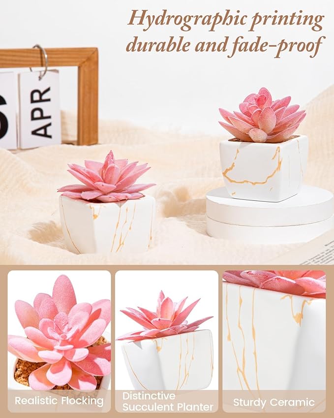Artificial Succulent in 4PCS White Ceramic Pot, Small Fake Succulents Plants for Office and Desk Decor,Bathroom, Bedroom, Shelves, Vanity for Women
