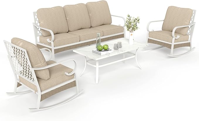 4 Piece Patio Furniture Set, 2 x Rocking Chair, 1 x 3-Seat Sofa with Marbling Coffee Table, All Cushioned 5 Seats Outdoor Conversation Set for Lawn Deck Backyard, Beige