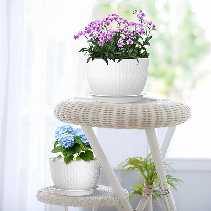 12/10/9 inch Large Plant Pots, 3 Pack Wide Flower Pots for Outdoor Indoor Plants with Water Ripples, Big Plastic Planters with Drainage Holes and Saucers for Garden House Plants, White