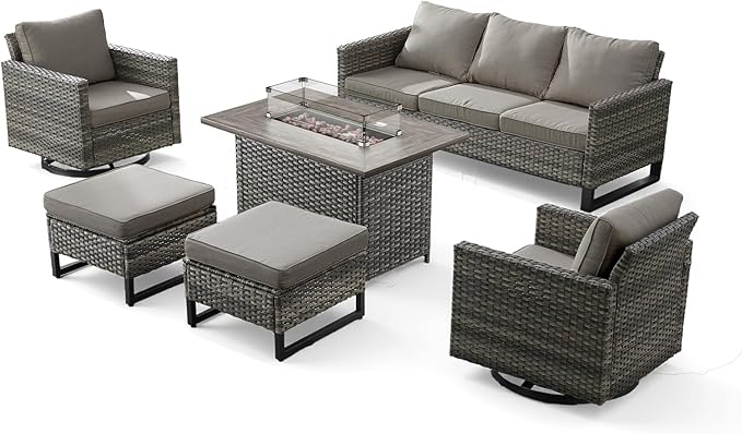 Patio Furniture Set with Fire Pit Table-6 Pieces All Weather Outdoor Swivel Chairs Set of 2 with Patio Sofa and Ottomans, Patio Conversation Sets for Porch Deck Garden Backyard(Grey/Grey)