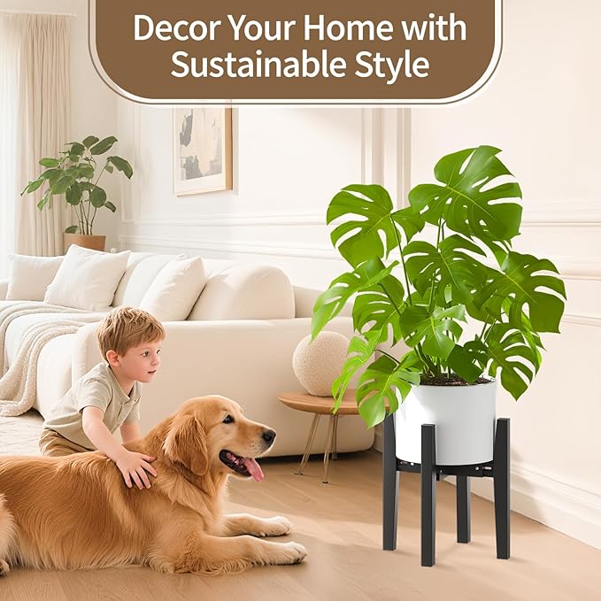 LASZOLA Bamboo Adjustable Plant Stand for Single Large Indoor Planters, Heavy Duty Floor Fern Holder Fits 8 to 12 Inch Pots, Mid Century Elevated Big Stool for Flower– Pot Not Included, Black, 1 Pack