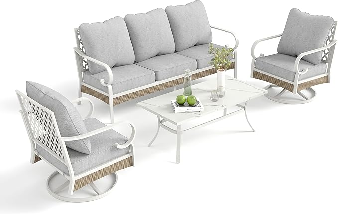 4 Piece Patio Furniture Set, 2 x Swivel Chair, 1 x 3-Seat Sofa with Marbling Coffee Table, 5 Seats Outdoor Conversation Set for Lawn Garden Backyard, Light Gray