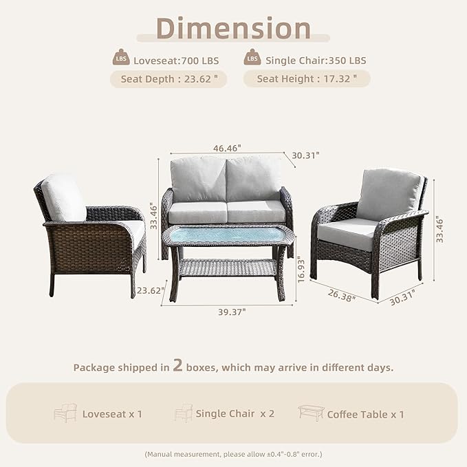 4-Piece Wicker Patio Furniture Set, All-Weather Rattan Conversation Bistro Loveseat Chair and Table Set for Backyard, Balcony and Deck with Soft Cushions and Metal Table(Gray)