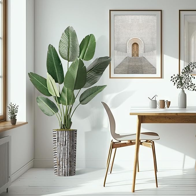 Artificial Tree in Black and Brown Striped Planter, Fake Bird of Paradise Silk Tree for Indoor and Outdoor Home Decoration - 67" Overall Tall (Plant Pot Plus Tree)