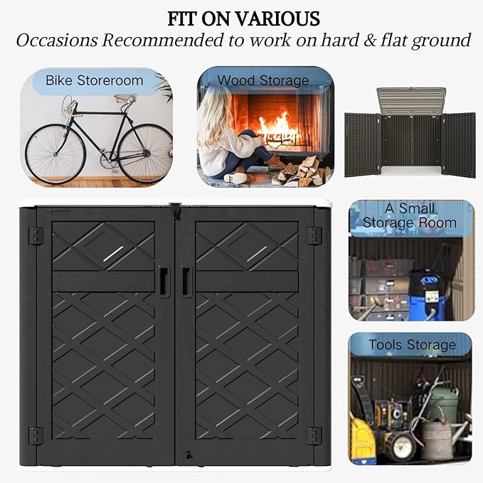 ZZM Large Outdoor Storage Shed, 48 Cu Ft Resin Versatile Storage Cabinet for Patio Accessories, Trash Cans & Garden Tools, Durable Horizontal Storage Box with Lockable Lid (Black)