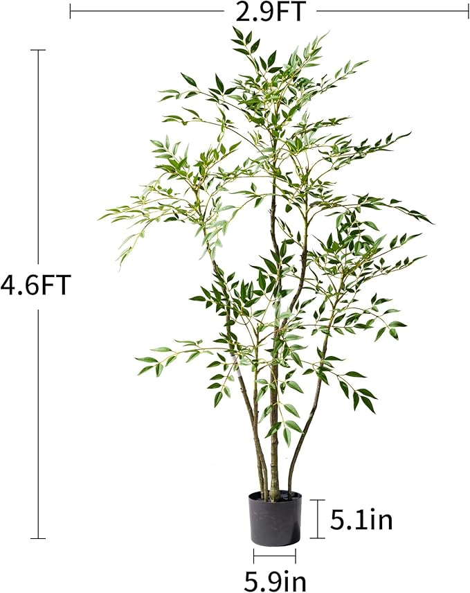 4.6ft Faux Bamboo Tree Artificial Nandina Tree Artificial Indoor Plants Realistic Fake Potted Tree with 800+ Leaves, Cement Planter - Home Office Decor Perfect for Housewarming Gift Non-Toxic