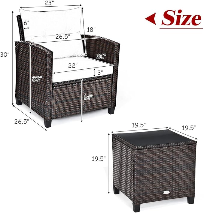 HAPPYGRILL 3 Pieces Patio Conversation Set, Outdoor Furniture Set PE Rattan Sofa Set with Removable Cushions, PE Wicker Chairs with Tempered Glass Side Table for Porch Lawn Garden Balcony Backyard