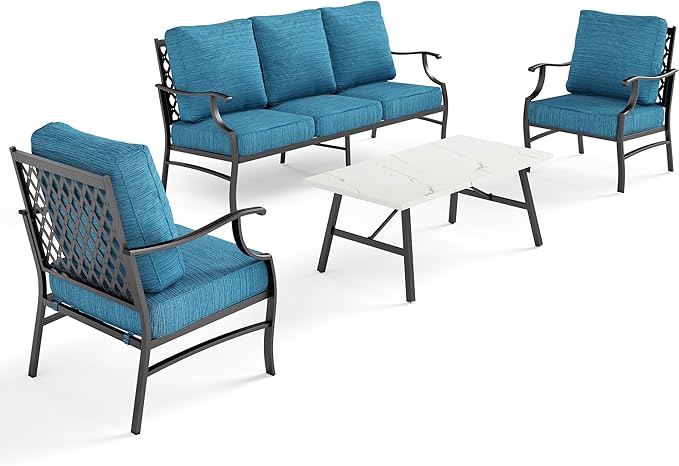 4 Piece Metal Outdoor Patio Furniture Set, Patio Conversation Set 1 3-seater Sofa, 2 Fixed Chair with 5.75" Extra Thick Cushion and Coffee Table, Black Frame Backyard Furniture, Blue-2