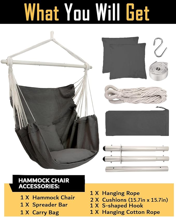 ADVOKAIR Hammock Chair Hanging Chair Swing Large Indoor with Anti-Slip Steel Spread Bar and Pocket-Max 500lbs-2 Cushions, Perfect for Bedroom,Outdoor,Patio, Porch,Backyard…