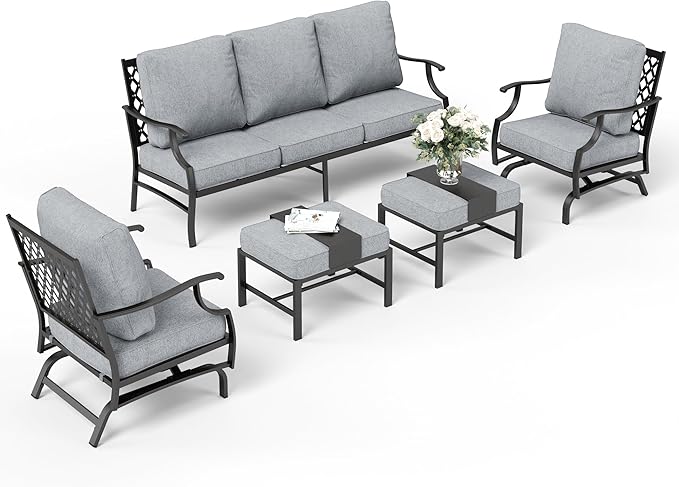 7 Piece Metal Outdoor Patio Furniture Set, Patio Conversation Sets 3-seater Sofa, 2 Rocking Chair, 2 Ottomans with 5.75" Thick Cushion, Black All-weather Frame Backyard Furniture, Gray