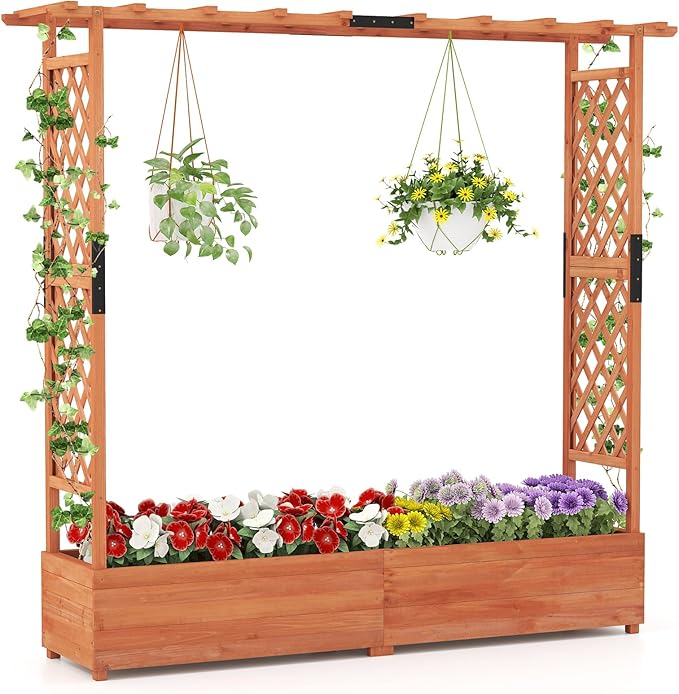 S AFSTAR 77-Inch Raised Garden Bed with Arch Trellis, Hanging Roof & Drainage Holes, Vertical Plant Container for Vine Climbing Plant Flower, Indoor Outdoor Wood Elevated Planter Box for Garden