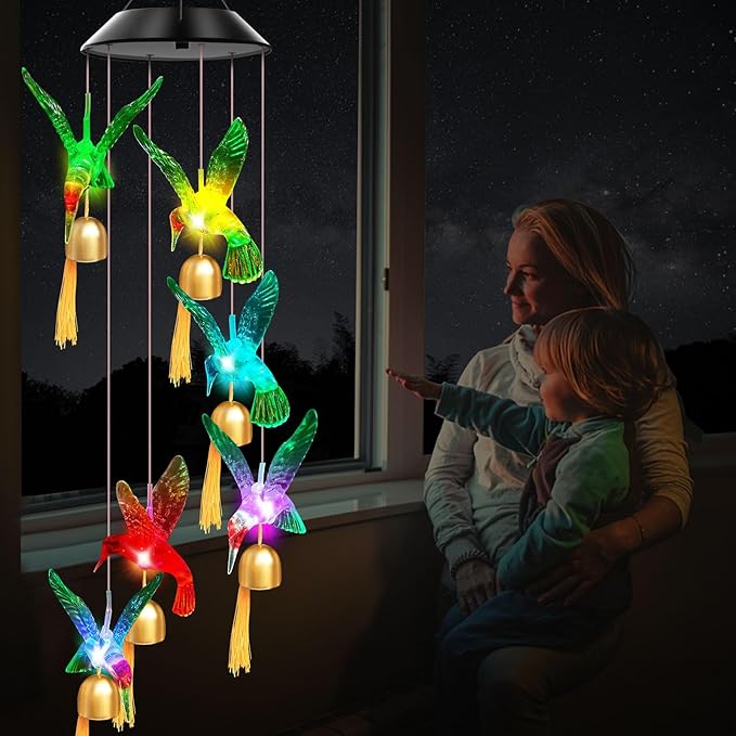 Solar Wind Chimes Outdoor Color Changing Lights, Gift for Women Mom Grandma Sister Best Gifts, Wind Chimes Unique Outdoor Garden Yard Decor (Green Hummingbird Bell)