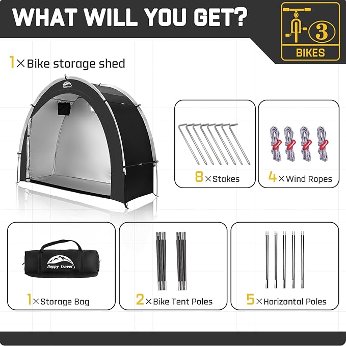 Happy Travel Bike Storage Shed Tent,Outdoor Portable Bicycle Storage Sheds with 210D Oxford Fabric PU4000 Waterproof for 2/3/4/6/8 Bikes,Bike Covers Shelter for Motorcycle,Garden Tools,Toys,Lawn Mower
