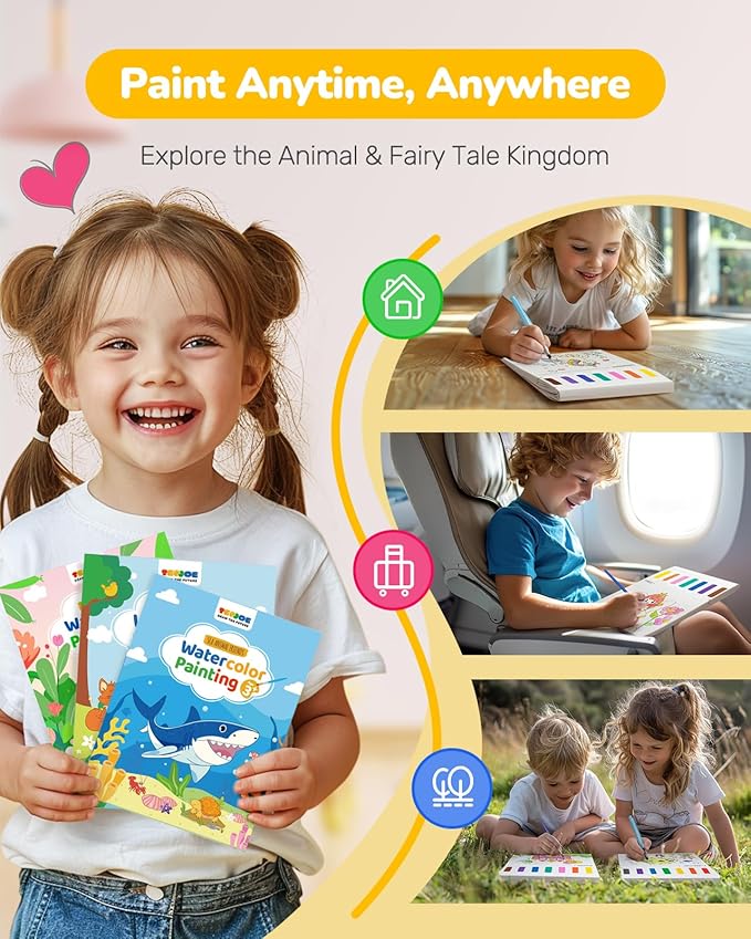 TECJOE 3 Pack Paint with Water Coloring Books for Toddlers, Watercolor Painting Set with 6 Brushes, Travel Activities for Kids Ages 1-3 4-8, Birthday Gifts Arts & Crafts Toy, Princess, Forest & Sea