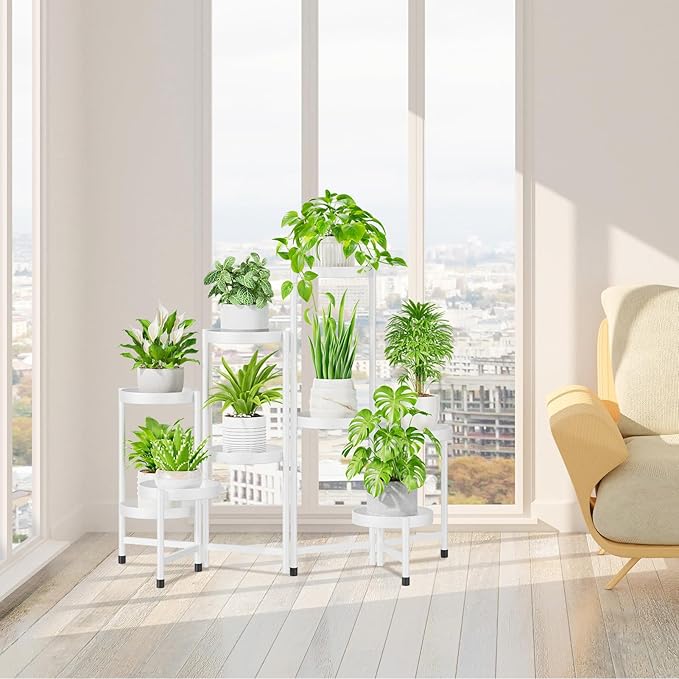 iDavosic.ly Plant Stand Indoor Outdoor, 9 Tier Corner Metal Flower Display Holder Shelf, Folding Tall Orchid Rack for Patio Balcony Porch Garden Living Room House, White