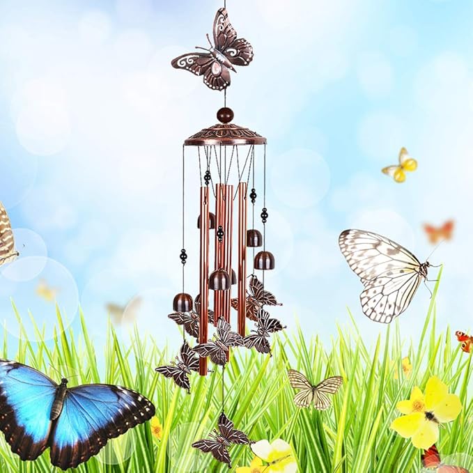 Butterfly Wind Chimes Outdoor Decor -with 4 Tubes 6 Bells 7 Butterflies 36In Waterproof Mobile Romantic Wind Catcher Butterfly Windchimes for Home, Xmas Mom Gifts, Festival,Balcony,Garden Decoration