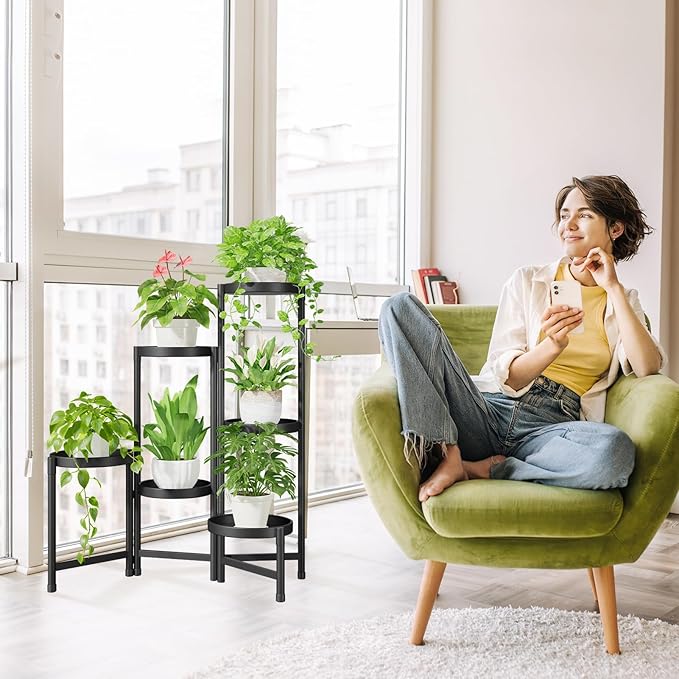 iDavosic.ly Plant Stand Indoor Outdoor, 6 Tier Corner Metal Flower Display Holder Shelf, Folding Tall Orchid Rack for Patio Balcony Porch Garden Living Room House, Black