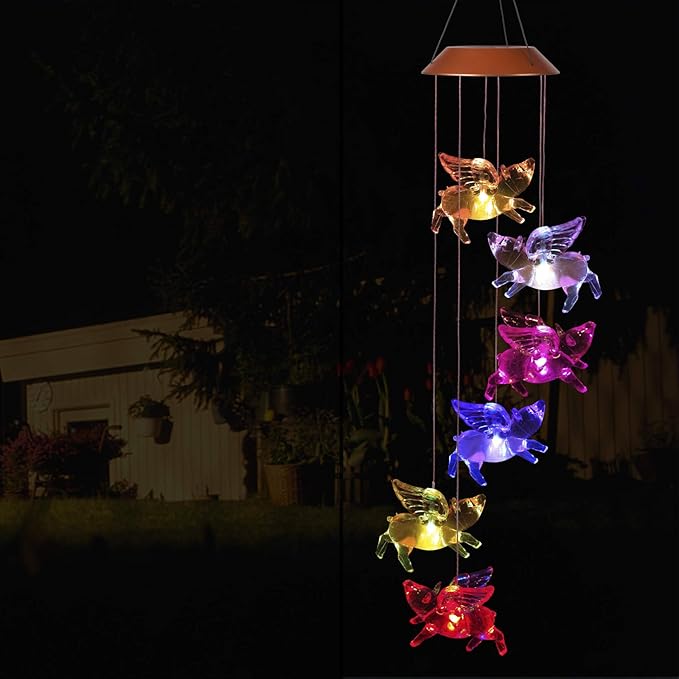 LED Solar Fly Pigs Wind Chimes Outdoor - Waterproof Solar Powered LED Changing Light Color 6 Flying Pigs Mobile Romantic Wind-Bell for Home, Party, Festival Decor, Night Garden Decoration