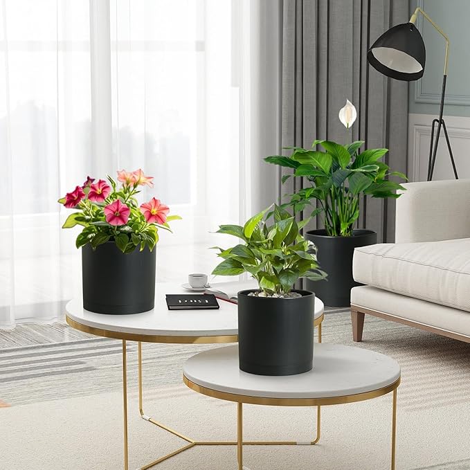 10/8/6 inch Large Deep Plant Pots for Outdoor Indoor Plants, 3 Pack Tall Cylinder Flower Pots with Drainage Holes and Saucers, Big Plastic Planter Pots for Garden House Porch, Black
