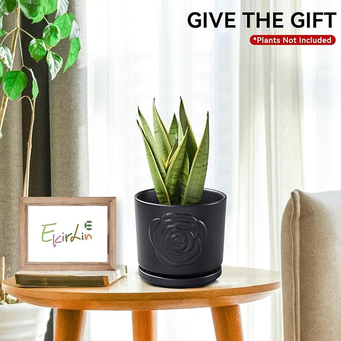 Ekirlin 7 Inch Plant Pots, Ceramic Rose Flower Planters Indoor, Modern Succulents Containers with Drain Hole Saucer, Weatherproof Pot for Home Decorate, Outdoor & Garden (Black)