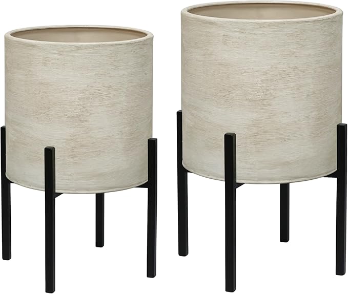 ARNIS Modern Plant Pots, Set of 2 Large Planters with Stand, Decorative Planters, Metal Pots with Drainage Holes for Living Room, Office, Garden or Balcony, 8.25 &10.5 Inch, Dirt