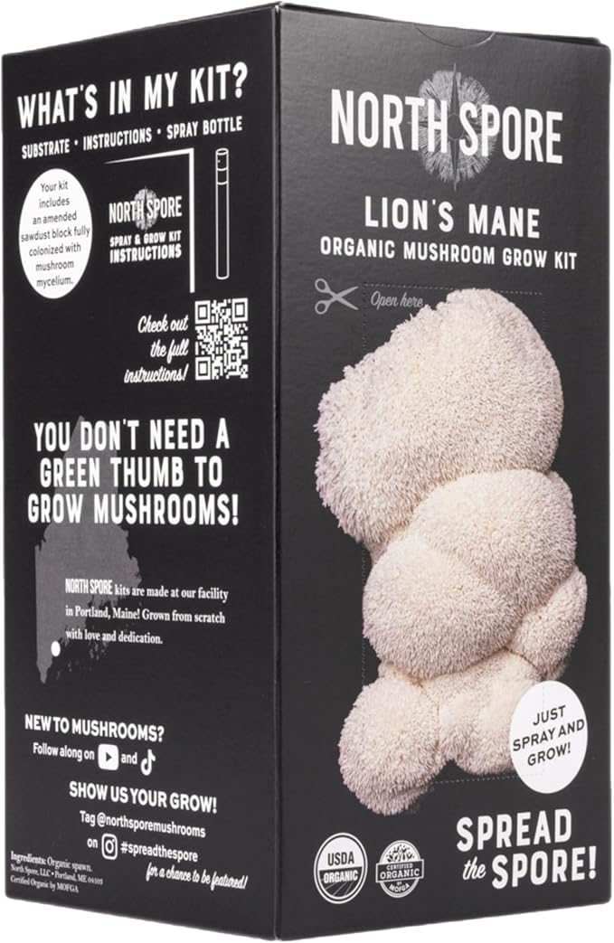North Spore Organic Lion's Mane Mushroom Spray & Grow Kit (4 lbs) | USDA-Certified Organic, Non-GMO, Beginner-Friendly & Easy to Use | Handmade in Maine, USA