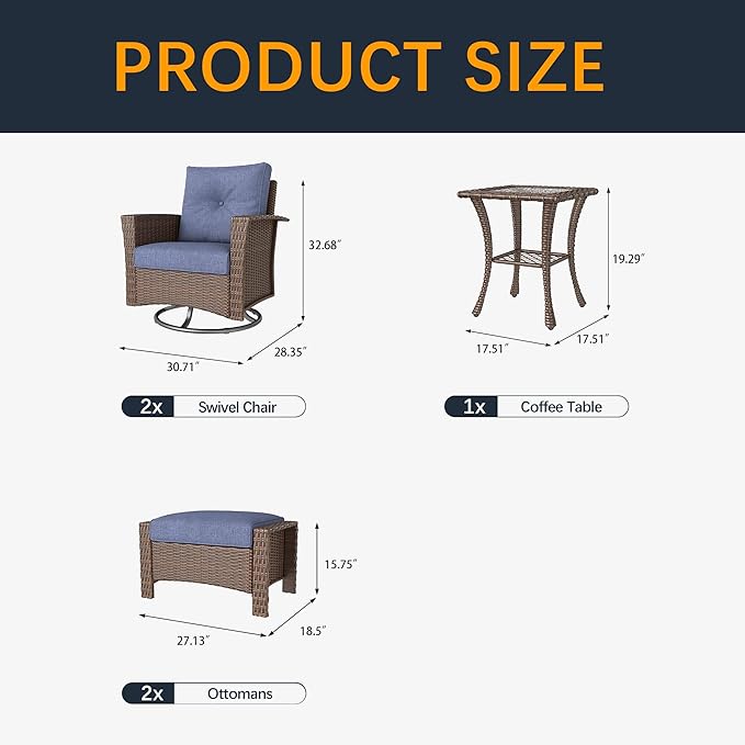 5 Pieces Outdoor Patio Furniture Set, Wicker Patio Sectional Set Conversation Wicker Swivel Chairs with Small Side Table