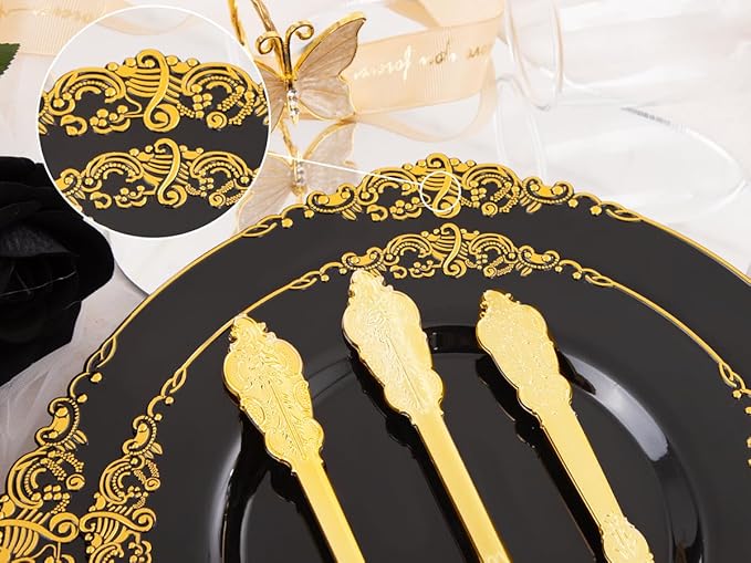 Hioasis 210pcs Black and Gold Plastic Plates - Disposable Dinnerware Set Suitable for 30 Guests Include 10.25" Dinner & 7.5" Dessert Plates, Pre Rolled Silverware Set, Cups for Party & Halloween