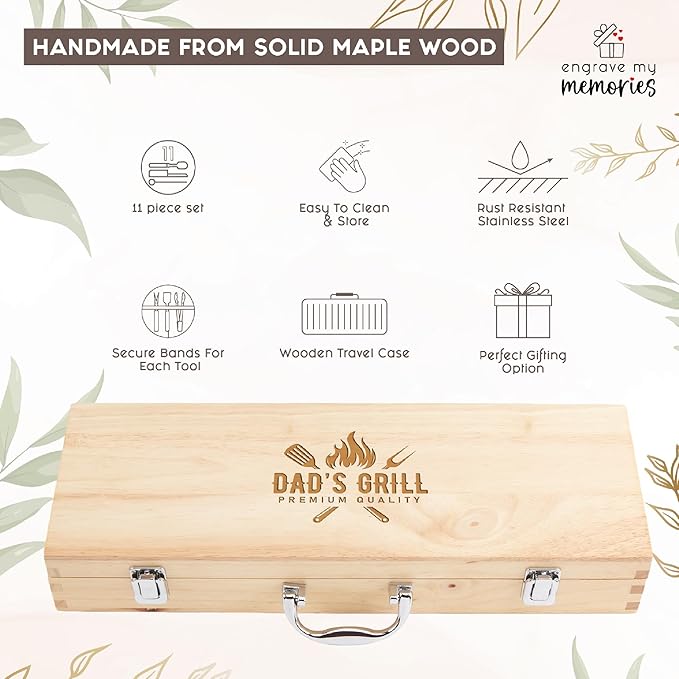 Custom Engraved BBQ Grill Set for Dad, 11pc Grilling Tool Accessories, Father's Day Grill Gift, Wooden BBQ Gifts for Men, Stainless Steel Barbecue Tool Set