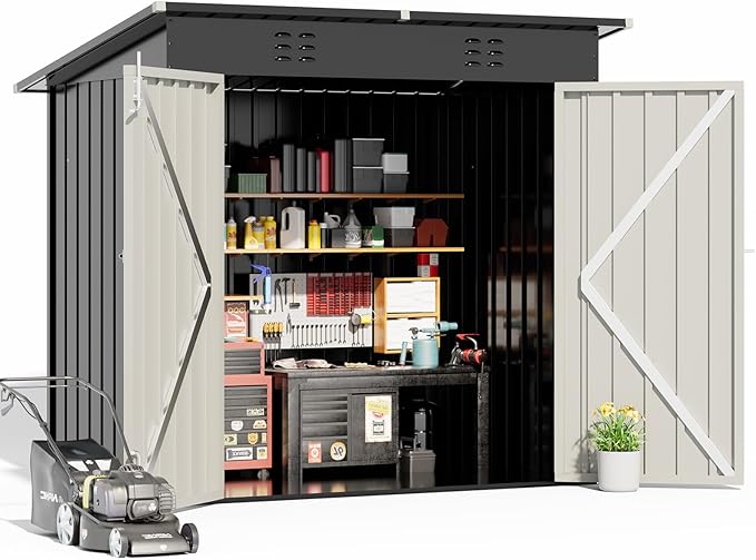 COMHOMA Shed Outdoor Storage Shed Metal,Lockable Doors Tool Sheds with Sloping Roof,Steel Garden Shed with Air Vent for Backyard,Patio,Lawn,Poolside (Black, 6'*4')