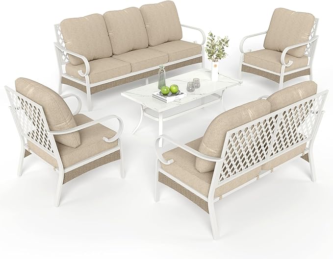 5 Piece Patio Furniture Set, 2 x Fixed Chair, 1 x 2-Seat Sofa, 1 x 3-Seat Sofa with Marbling Coffee Table, All Cushioned 7 Seats Outdoor Conversation Set for Lawn Garden Backyard, Beige