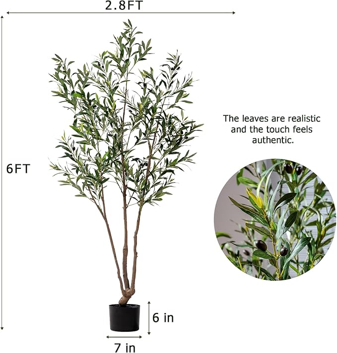 6FT Artificial Olive Tree Tall Faux Silk Plant Tall Faux Olive Tree with Natural Wood Trunk & Lifelike Fruits Fake Potted Tree or Home Office Decor