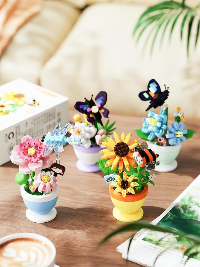Bee Sunflower Mini Flower Cute Insects Potted Plant Bonsai Building Toy Blocks Particle Set Small Flowers Botanical