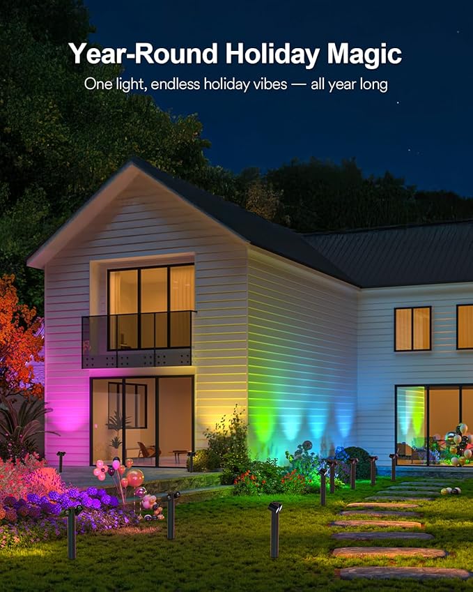 Lumary Smart Pathway Lights Pro 700LM, RGBAICW Color Changing Landscape Lights with 8 Adjustable 355° Spot Lights IP65 Waterproof, 48FT Wired Outdoor Landscape Lighting, WiFi APP/Voice/Remote (4 Pack)