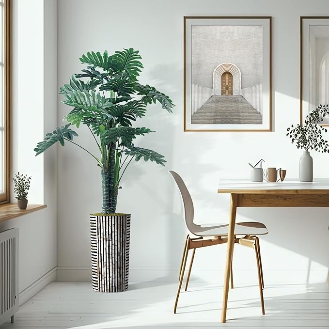 Artificial Tree in Black and Brown Striped Planter, Fake Philodendron Tree Silk Tree for Indoor and Outdoor Home Decoration - 70" Overall Tall (Plant Pot Plus Tree)