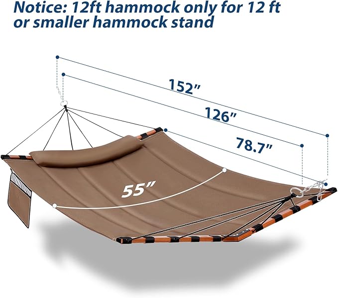 TegerDeger 12FT 2 Person Hammock Large Hammock 450LB Capacity with V Shaped Hardwood Spreader Bar & Nylon Rope for Outside, Patio, Garden, Backyard, Beach, Poolside - Brown