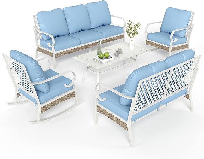 5 Piece Patio Furniture Set, 2 x Rocking Chair, 1 x 2-Seat Sofa, 1 x 3-Seat Sofa with Marbling Coffee Table, All Cushioned 7 Seats Outdoor Conversation Set for Lawn Garden Backyard, Blue