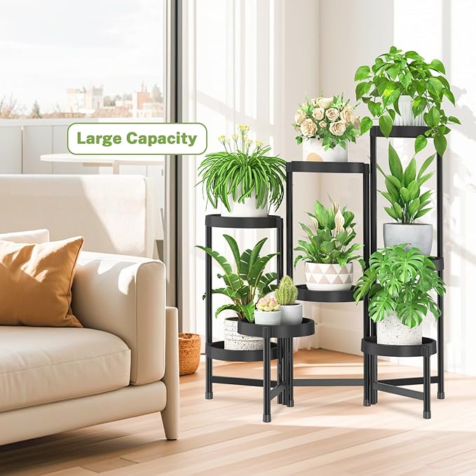 iDavosic.ly 8 Tier Folding Plant Stand Indoor Outdoor with Plastic Tray, Tiered Corner Flower Holder Shelf, Metal Orchid Display Rack for Patio Porch Living Room Garden Balcony, Modern Black