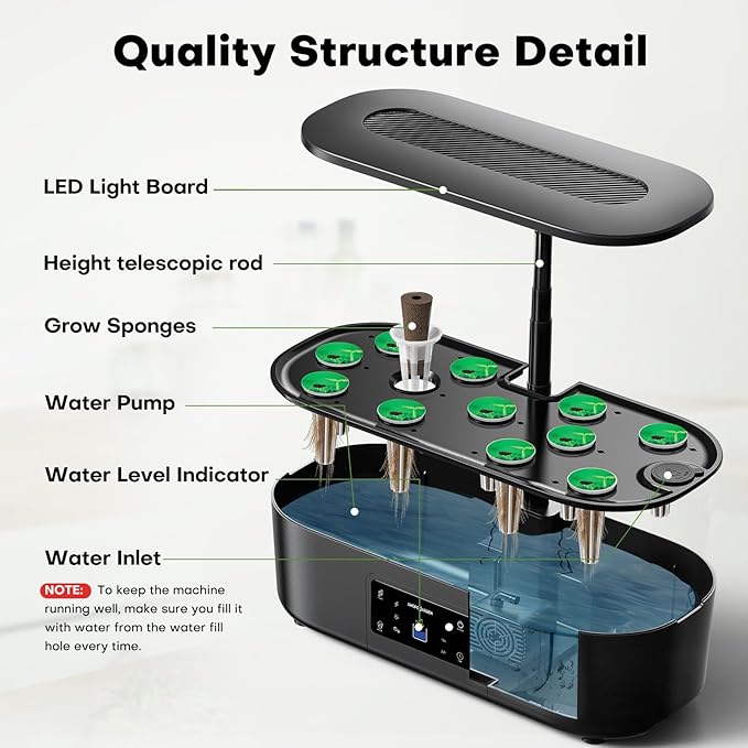Ahopegarden Hydroponics Growing System Kit Indoor Herb Garden with Grow Light 12 Pods, with LCD Touch Panel Hydroponic Planter, Planting Height Up to 17", Grower Harvest Fresh Veggie Lettuce, Black