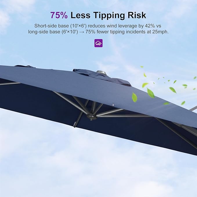 PURPLE LEAF 10' X 6.5' Swivel Outdoor Patio Aluminum Umbrella with Base Left-right Tilting Cantilever Offset Umbrella with UV Resistant Heavy Duty Fabric for Deck Pool Patio Backyard, Ocean Slate