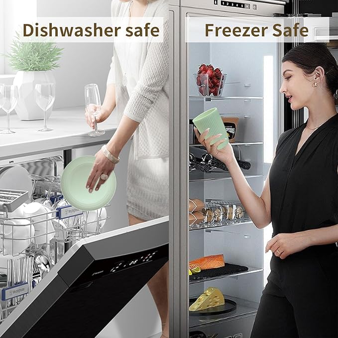 Wheat Straw Dishes Set for 8, Dinnerware Sets 32 piece, Unbreakable Plates, Bowls, Cups Sets for Kitchen Parties Camping RV - Green