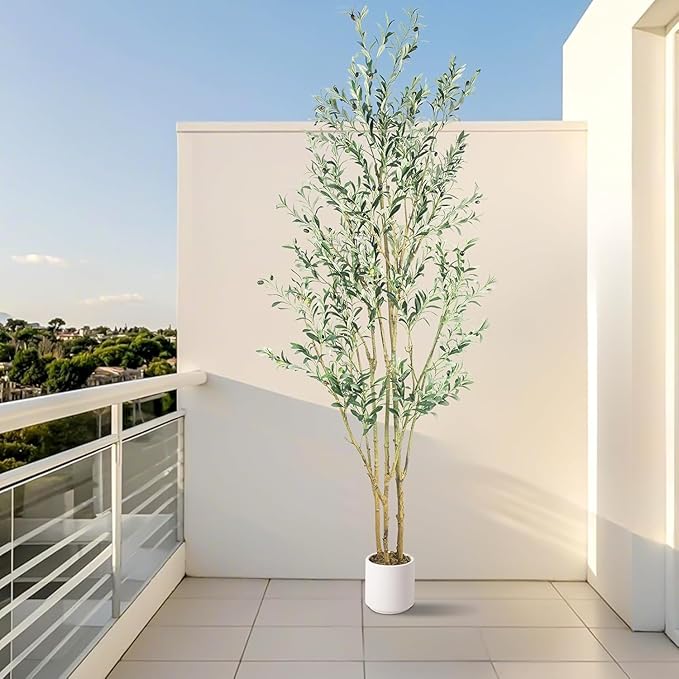 Artificial Fake Olive Tree 8FT Tall 1Pack with White Planter Faux Silk Olive Tree for Home Living Room Office Decor Faux Artificial Plants Indoor with Fruit & Free Moss