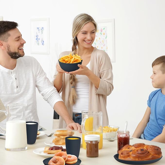 Kitchen Wheat Straw Dinnerware Sets (33pcs) Attached cleaning brush,Service For 8,Plastic Plates and Bowls Sets,Unbreakable Dinnerware,Lightweight Plastic Plate Set (Navy blue)