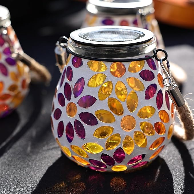 Cooo 4 Pack Mosaic Solar Lantern Outdoor Waterproof IP68 Hanging Projection Light Hidden Lid Pear-Shaped Lantern with Rope Handle Solar Powered Auto On for Patio Garden Fence Table -Petal Mirage