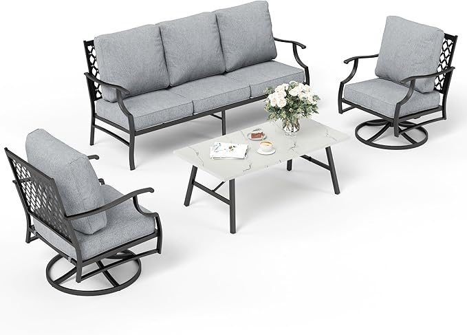 4 Piece Metal Outdoor Patio Furniture Set, Patio Conversation Sets 1 3-seater Sofa, 2 Swivel Chair with 5.75" Extra Thick Cushion and Coffee Table, Black Frame Backyard Furniture, Gray