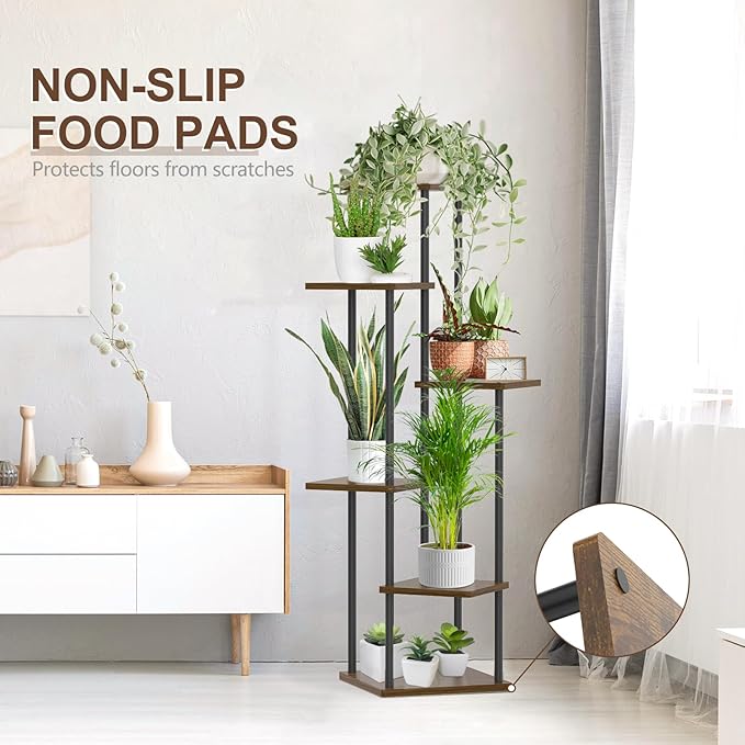 6 Tier Plant Stand Indoor, Tall Metal Wood Muti-Level Planter Shelf Holder, Sturdy Large Vertical Corner Orchid Flower Pot Display Rack for Narrow House Decor Office Living Room Bedroom, Oak