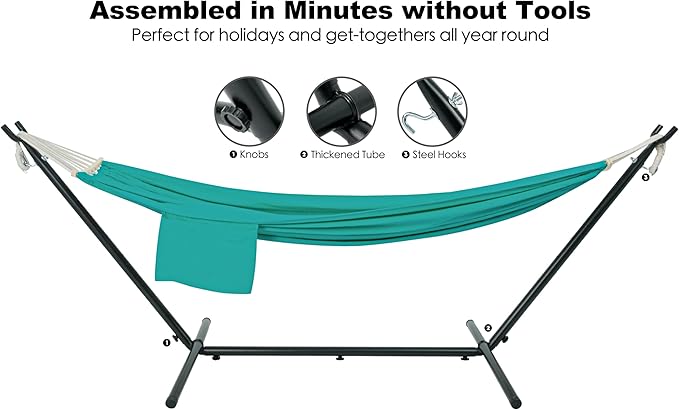 Double Hammock with Stand for Outside, Upgraded Spreader Bar, Heavy Duty Space Saving Steel Stand 2 Person, Side Pockets, Easy Assembly, 600lbs Weight Capacity, Indoor & Outdoor (Aqua Blue)