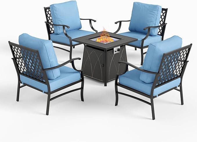 5 Piece Metal Outdoor Patio Furniture Set with Fire Pit Table, Patio Conversation Sets 4 Fixed Chairs with 5.75" Thick Cushion and 5000 BTU Fire Pit Table, Backyard Furniture, Blue
