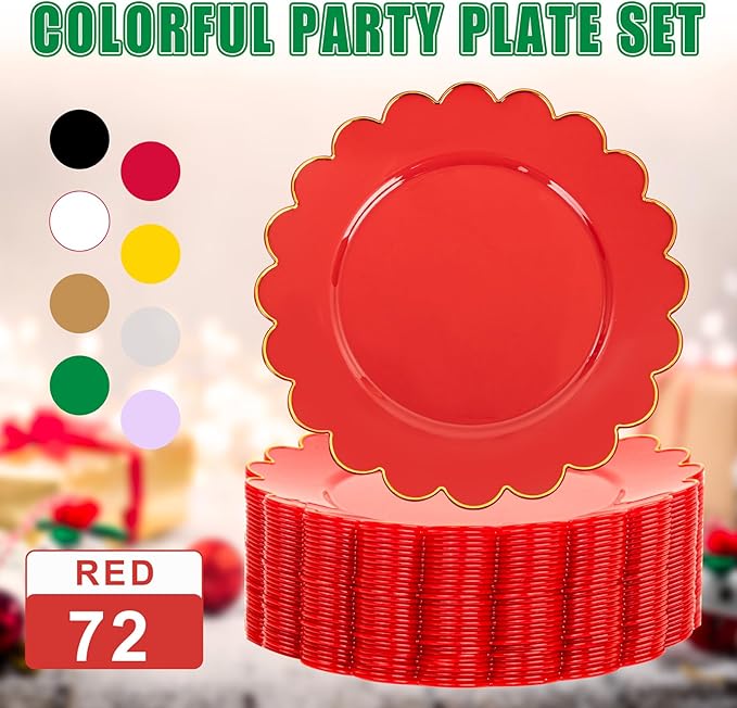 SUT 72Pcs Plastic Plates-7.5inch Red Dessert Plates with Gold Trim, Red Disposable Plates, Disposable Plates,Fancy Plastic Plates, Heavy Duty Plastic Plates for Wedding & Parties