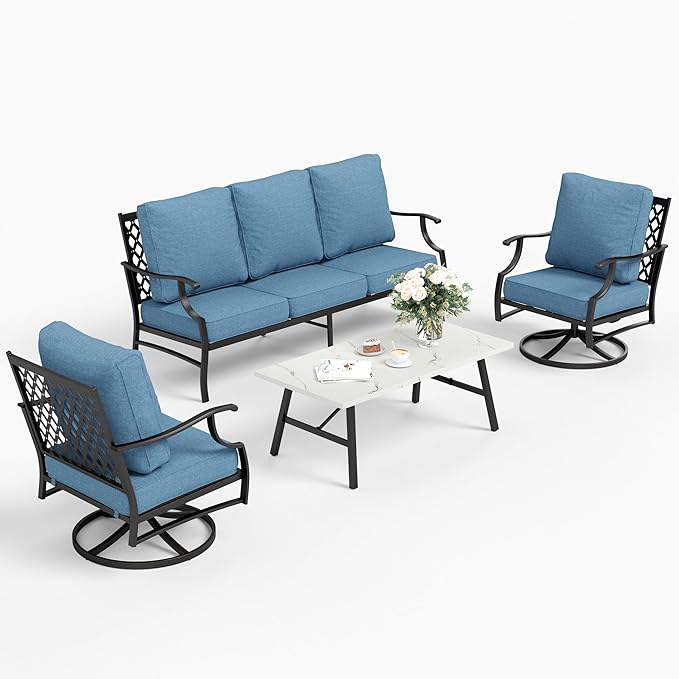 4 Piece Metal Outdoor Patio Furniture Set, Patio Conversation Sets 1 3-seater Sofa, 2 Swivel Chair with 5.75" Extra Thick Cushion and Coffee Table, Black Frame Backyard Furniture, Navy